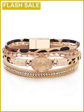 Boho Leather Wrap Bracelet Stackable Crystal Cuff Magnetic Clasp